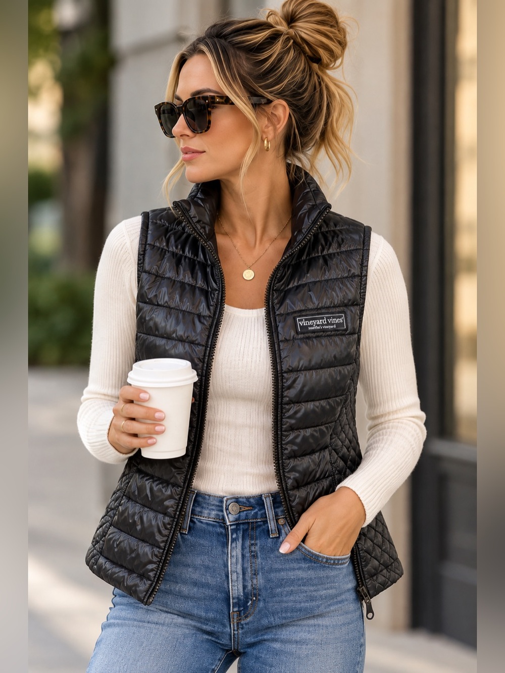 Vineyard Vines Women’s Quilted Puffer Vest Black Shiny Lightweight Size Small